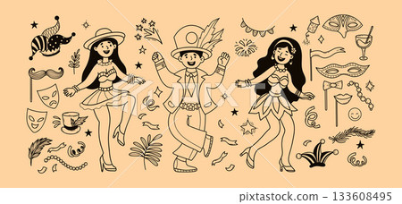 Carnival Cheerful Dancers Girls and Man in Costumes. Outline Party, Masquerade Celebration Doodle collection. Isolated Hand-drawn. Vector Illustration. Not AI 133608495
