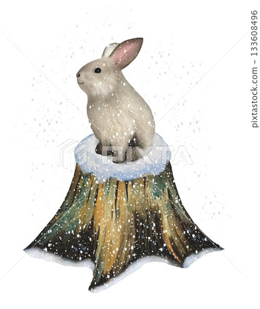 Hand drawn rabbit on a snowy stump. Winter forest animal clip art. Watercolor illustration. 133608496