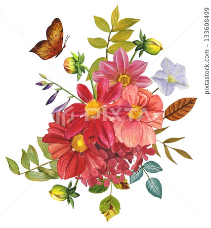 Red, pink dahlias. Arrangement of bright dahlias, leaves. Hand drawn watercolor illustration. 133608499