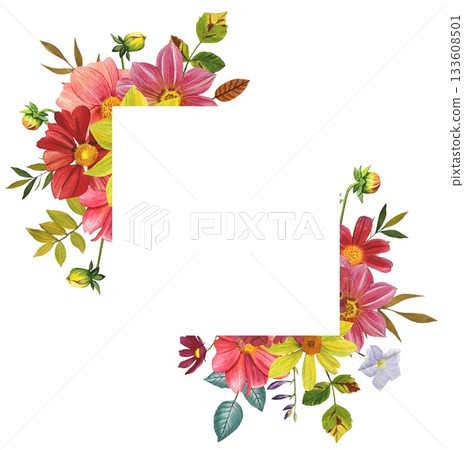 Floral frame with bright dahlias and leaves. Hand drawn watercolor illustration. Floral frame with bright dahlias and leaves. Hand drawn watercolor illustration. 133608501