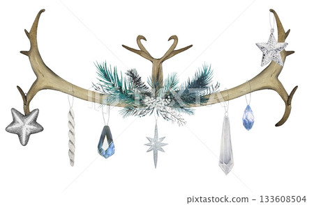 Hand drawn winter decor with deer antlers, spruce branches and ornaments. Watercolor illustration. 133608504