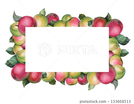 Hand drawn frame with ripe green and pink apples and leaves. Watercolor Hand drawn frame with ripe green and pink apples and leaves. Watercolor 133608513