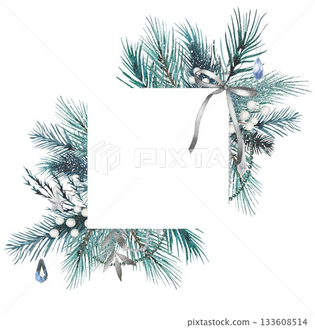 Hand drawn frame of spruce branches, white berries, silver ribbon. Watercolor illustration. Perfect for winter invitations. 133608514
