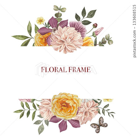 Frame with  yellow roses, dahlia, clementis, leaves. Hand drawn watercolor illustration. 133608515