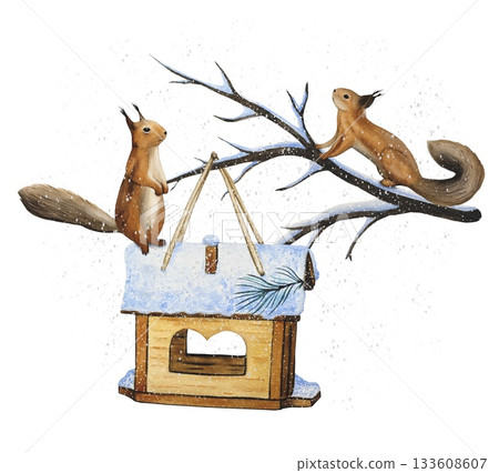 Hand drawn winter scene with squirrels on snow covered pine branches with birdhouse. Watercolor illustration. 133608607