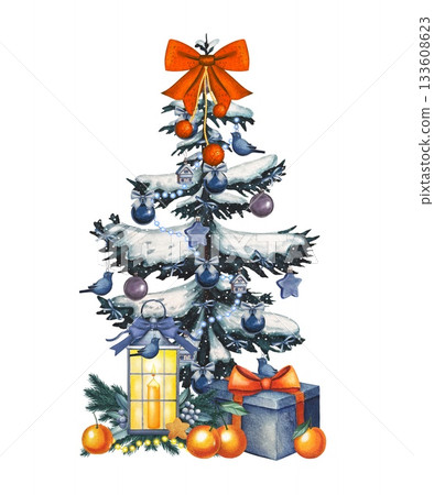 Hand drawn decorated Christmas tree with a orange bow, gifts, and tangerines. Watercolor illustration. Hand drawn decorated Christmas tree with a orange bow, gifts, and tangerines. Watercolor illustration. 133608623
