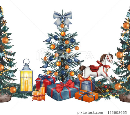 Hand drawn seamless border featuring a decorated Christmas tree, gifts, and a lantern. Watercolor illustration. 133608665