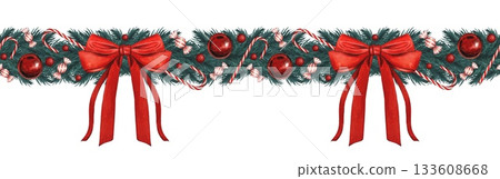 Hand drawn seamless border with fir branches, big red bow, candy cane, red Christmas tree balls. Watercolor illustration. Hand drawn seamless border with fir branches, big red bow, candy cane, red Christmas tree balls. Watercolor illustration. 133608668