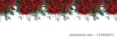 Hand drawn seamless border with fir branches, red roses, cotton, fir cones. Watercolor illustration. 133608672