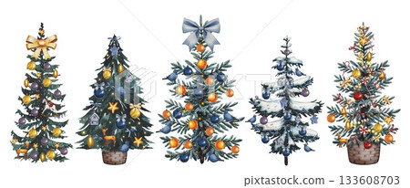 Hand drawn set with decorated Christmas tree. Watercolor illustration. 133608703