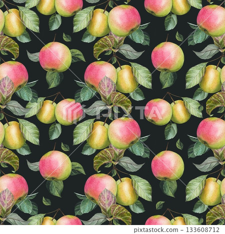 Hand drawn seamless pattern with ripe apples on a dark background. Watercolor illustration. 133608712