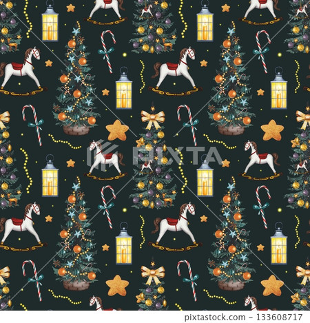 Hand drawn Christmas seamless pattern featuring a decorated fir tree, lanterns, a rocking horse, a candy cane, and stars. Watercolor illustration. Hand drawn Christmas seamless pattern featuring a decorated fir tree, lanterns, a rocking horse, a candy cane, and stars. Watercolor illustration. 133608717