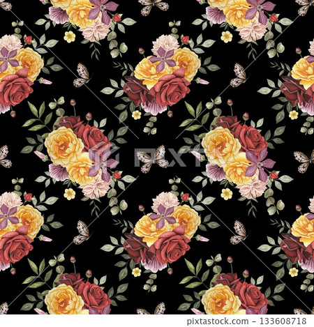 Floral seamless pattern with flowers. Yellow, red, white roses, dahlia, clementis, leaves. Hand drawn watercolor illustration 133608718