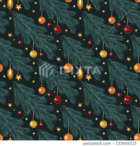 Hand drawn Christmas seamless pattern with fir branches, toys, and stars on a dark background. Watercolor illustration. Hand drawn Christmas seamless pattern with fir branches, toys, and stars on a dark background. Watercolor illustration. 133608725