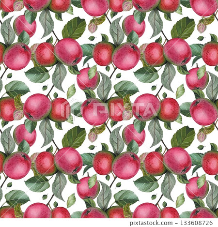 Hand drawn seamless pattern with ripe red apples, leaves. Watercolor illustration. Hand drawn seamless pattern with ripe red apples, leaves. Watercolor illustration. 133608726