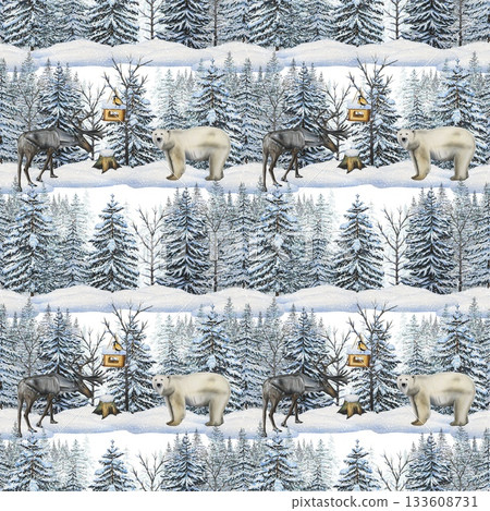 Winter seamless pattern with a bear and deer in a snowy forest. Watercolor illustration. 133608731