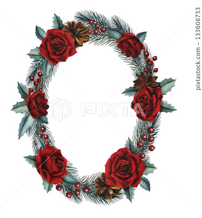 Hand drawn Christmas wreath with red roses, fir cones, spruce branches, red berries. Watercolor illustration. 133608733