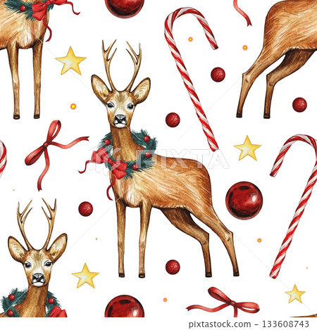 Hand drawn Christmas seamless pattern with deer, red Christmas balls, and candy canes. Watercolor illustration. Hand drawn Christmas seamless pattern with deer, red Christmas balls, and candy canes. Watercolor illustration. 133608743
