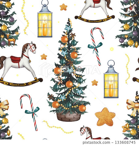Hand drawn Christmas seamless pattern featuring a decorated fir tree, lanterns, a rocking horse, a candy cane, and stars. Watercolor illustration. Hand drawn Christmas seamless pattern featuring a decorated fir tree, lanterns, a rocking horse, a candy cane, and stars. Watercolor illustration. 133608745
