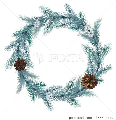 Hand drawn wreath of spruce branches and fir cones. Watercolor illustration. Hand drawn wreath of spruce branches and fir cones. Watercolor illustration. 133608749