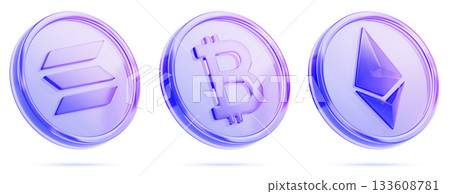 Glass holographic cryptocurrency set. Solana SOL, Bitcoin BTC and Ethereum ETH crypto coins. Digital currency, electronic money, virtual assets on blockchain technology, tokens NFT. 3D illustration Glass holographic cryptocurrency set. Solana SOL, Bitcoin BTC and Ethereum ETH crypto coins. Digital currency, electronic money, virtual assets on blockchain technology, tokens NFT. 3D illustration 133608781