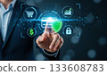 Businessman touching futuristic interface with credit card and green shield security icon 133608783