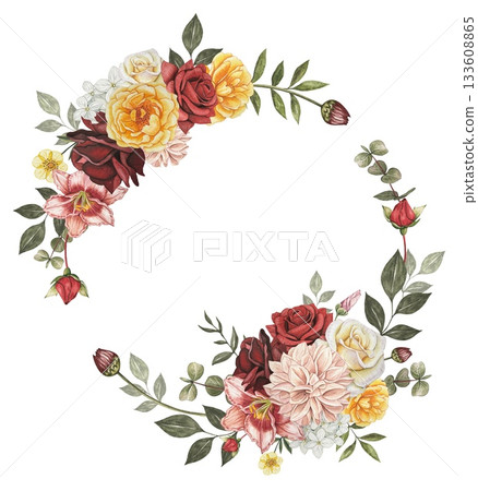 Wreath with red, yellow roses, dahlia, leaves. Hand drawn watercolor illustration. Wreath with red, yellow roses, dahlia, leaves. Hand drawn watercolor illustration. 133608865