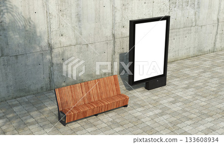 Blank Digital Billboard Mock up with Wooden Bench on Street. 3D Rendering. 133608934
