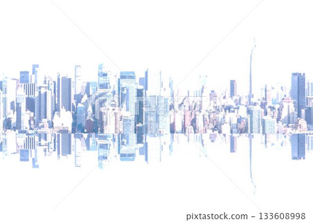 Expansive city skyline reflection is spanning full width in flat design over mirrored water surface Expansive city skyline reflection is spanning full width in flat design over mirrored water surface 133608998