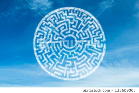 Circular cloud maze pattern is drifting in flat illustration sky, with scattered wispy clouds 133609003