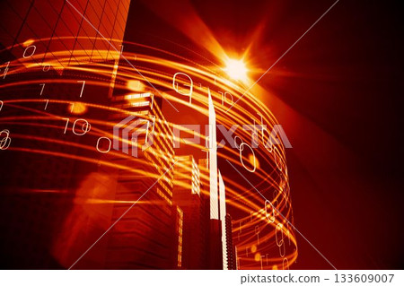 Orange light beams over skyscrapers Orange light beams over skyscrapers 133609007