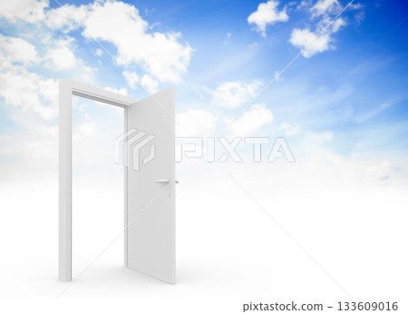 Flat design open white door frame is standing on white plane showing blue sky with clouds Flat design open white door frame is standing on white plane showing blue sky with clouds 133609016