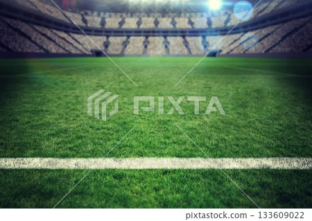 Empty soccer grass field is being shown under stadium seating tiers and floodlights in flat design 133609022