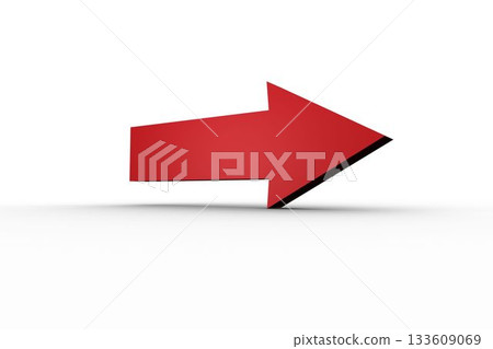 3D red arrow is floating above white backdrop with subtle shadow in 3D render style 133609069