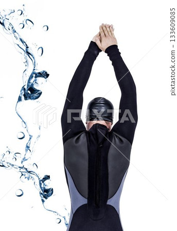 Rear view of swimmer by digitally generated water Rear view of swimmer by digitally generated water 133609085