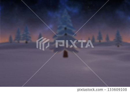 Flat design showing snow-covered pine tree on rolling hills under starry sky with twilight glow 133609108