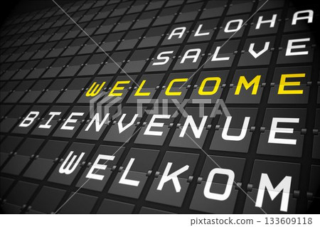 Welcome in languages on black mechanical board 133609118