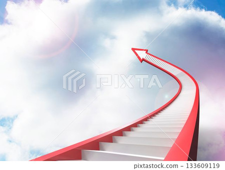 Red staircase arrow pointing up against sky 133609119