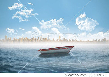 Small boat in the sea with city on horizon 133609120