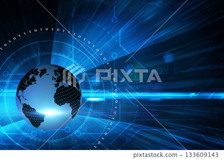 Digital Earth globe shining in futuristic flat design, featuring binary ring and circuit patterns 133609143