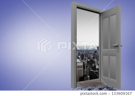 Digital composite of door with cityscape Digital composite of door with cityscape 133609167