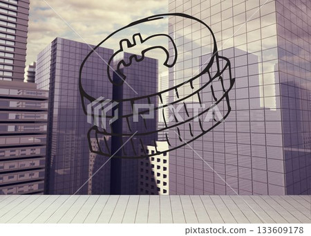 Drawn coins on cityscape background Drawn coins on cityscape background 133609178