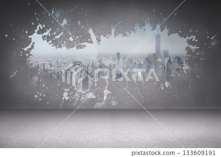 Splash on wall revealing cityscape Splash on wall revealing cityscape 133609191