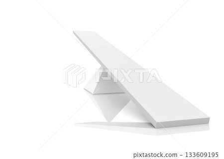Geometric sculpture is balancing rectangular prism diagonally on wedge on reflective plane in 3D 133609195