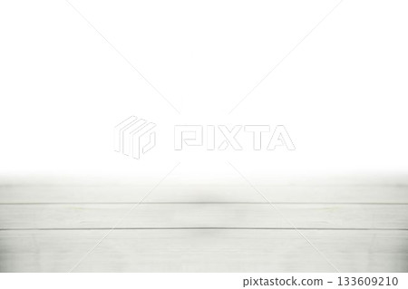 Minimalistic flat design showing horizontal wooden tabletop surface against plain white backdrop 133609210