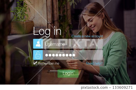 Login screen with smiling woman with pad and coffee Login screen with smiling woman with pad and coffee 133609271