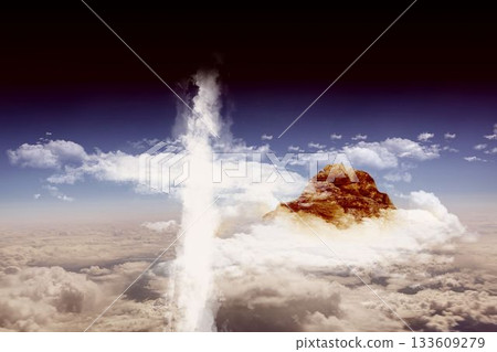 Surreal cloud column is intersecting horizontal beam above cloud sea with rocky peak in flat design 133609279