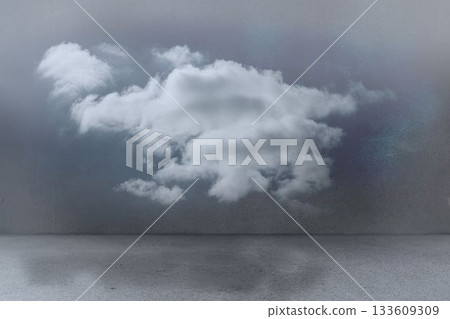 Flat design seascape is featuring single cumulus cloud over calm ocean with subtle reflection 133609309