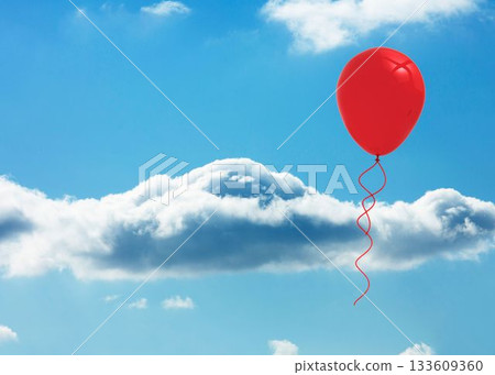 Flat design red balloon with curly ribbon is floating in bright blue sky with white clouds Flat design red balloon with curly ribbon is floating in bright blue sky with white clouds 133609360