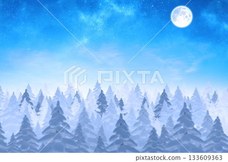 Dense snow-covered pine trees are stretching under full moon and starry sky in flat design forest Dense snow-covered pine trees are stretching under full moon and starry sky in flat design forest 133609363